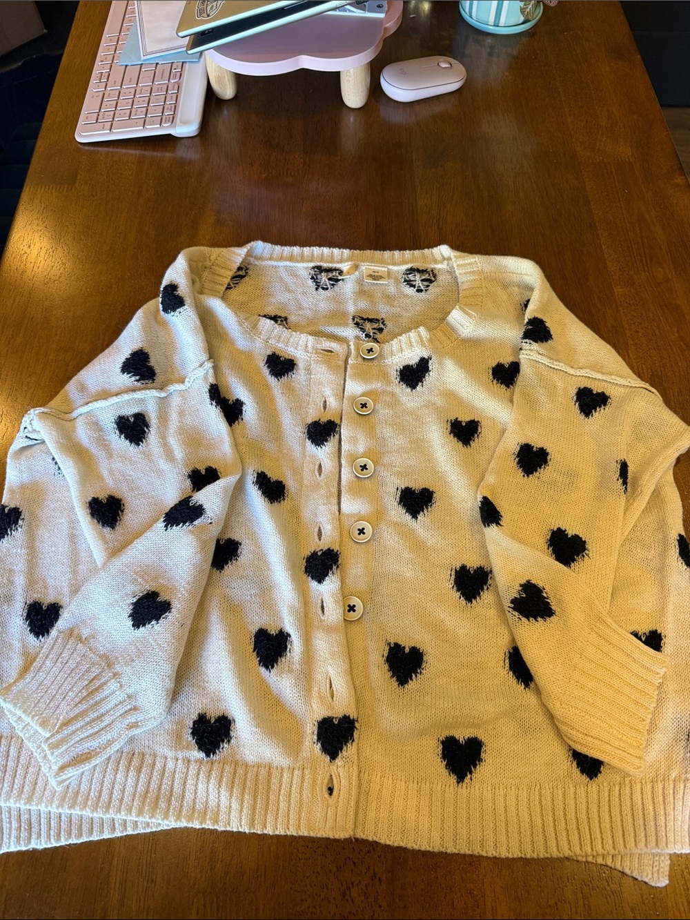 Moth Cream Cardigan with Black Heart Motif
